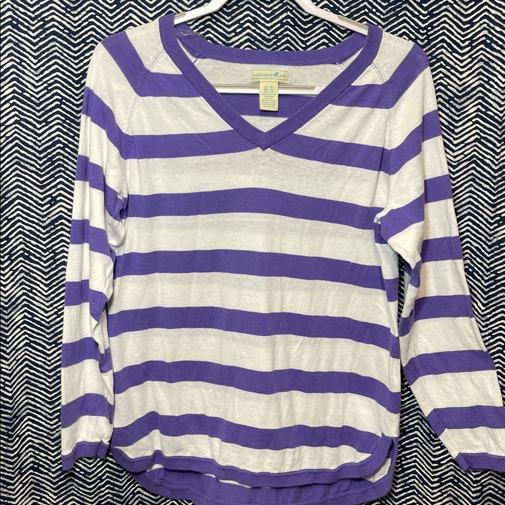 Caribbean Joe Purple and White Striped V-Neck Top